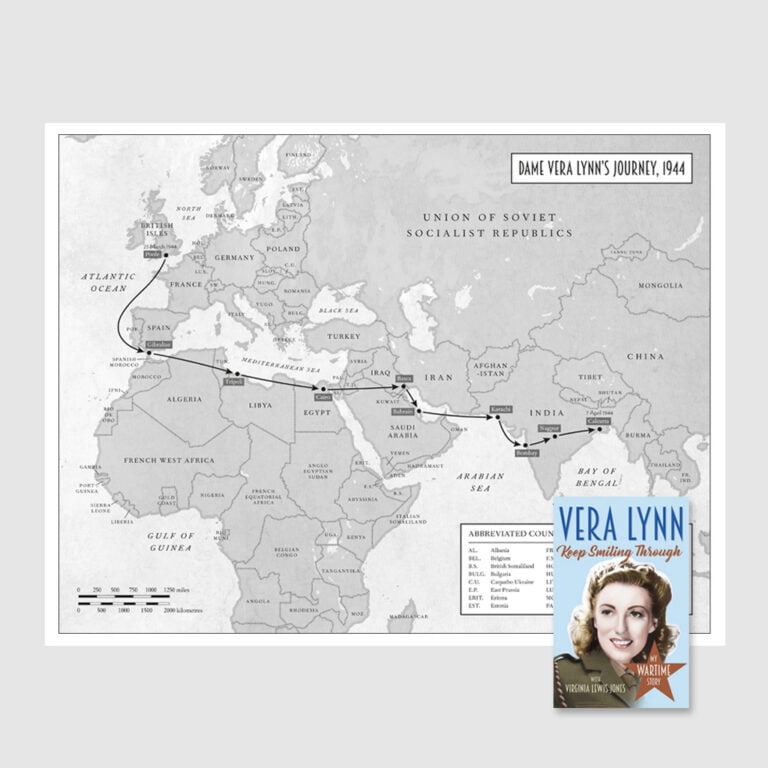 One of two maps showing Dame Vera Lynn's wartime travels