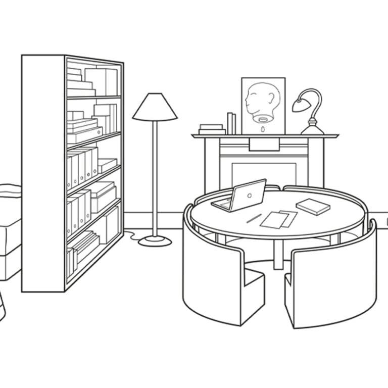 Part of a line drawing of Julian Assange's room in the Ecuadorian Embassy, London