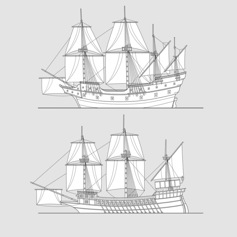 Two of four ship illustrations for a historical book